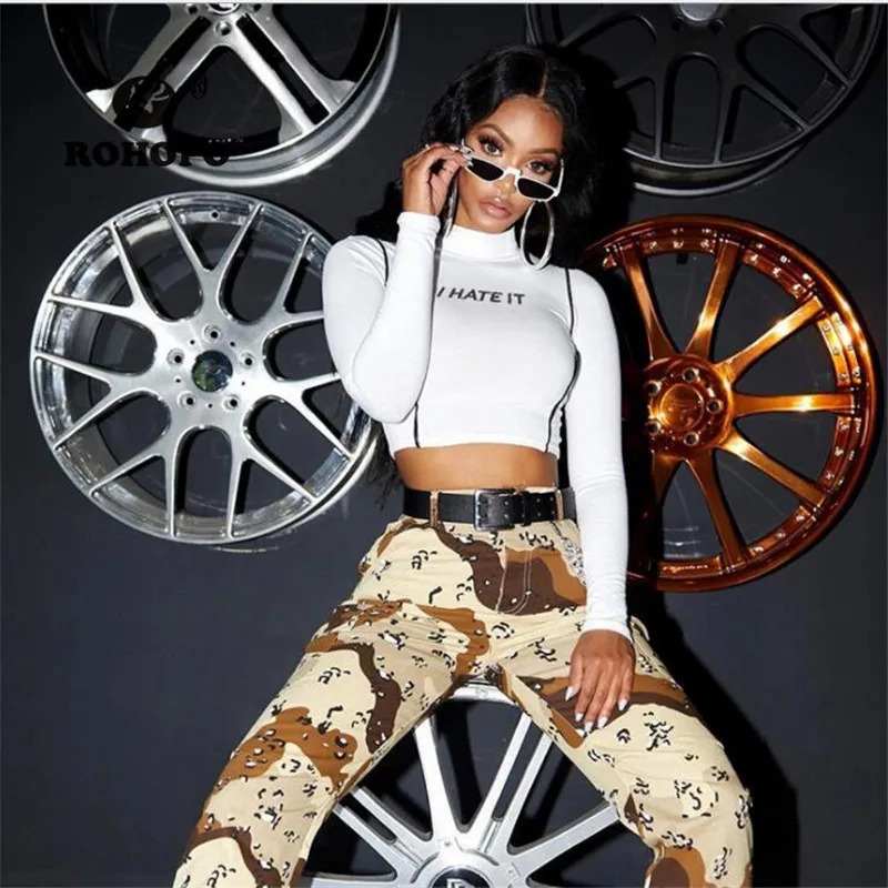 

Embroidery Letter I Hate You Long Sleeve Female T shirt Side Striped High Elasticity Autumn Street Girl Pullover Slim Tops Tees
