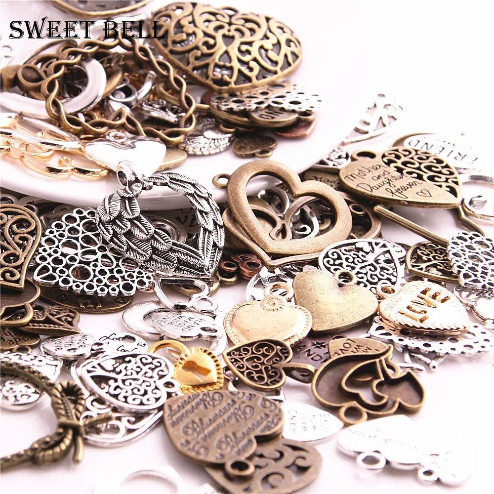 100 шт. винтажные металлические подвески в виде сердец|charms for jewelry|charms jewelry makingheart charm