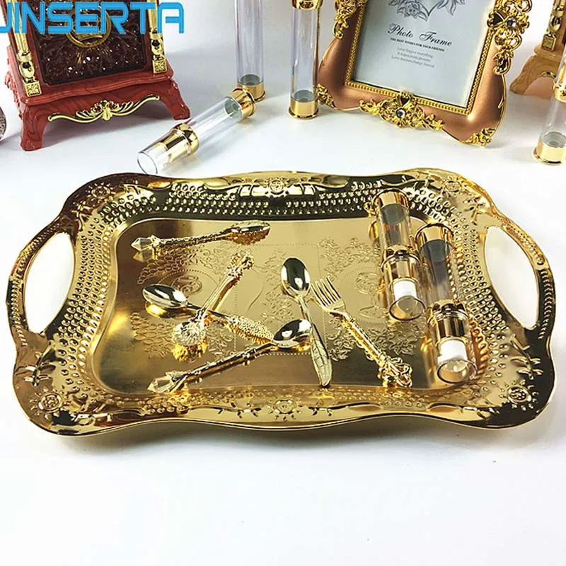 

JINSERTA Metal Storage Tray Jewelry Display Plate with Handle Retro Gold Dessert Fruit Cake Tray Party Decoration Organizer