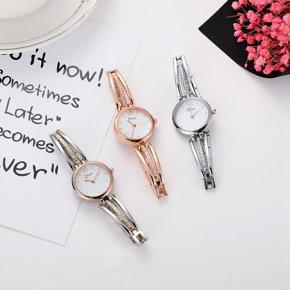 DISU высококачественные женские часы темпераментные маленькие наручные часы с металлическим ремешком со стразами женские кварцевые наручные часы женские часы# B