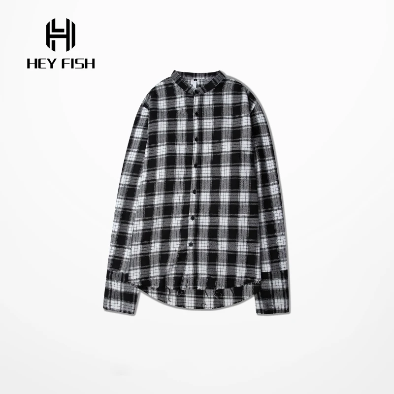 HEY FISH Hip Hop Mens Gray font b Tartan b font Plaid Shirts Long Sleeve Man