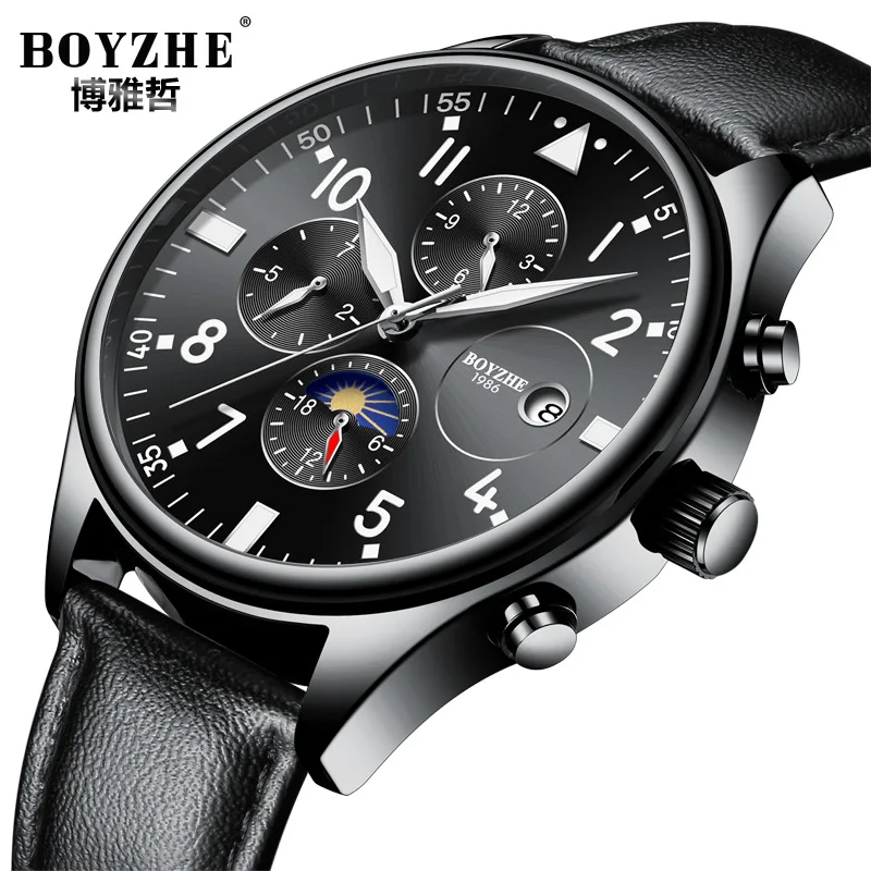 

mens wristwatches black genuine leather man watches mechanical Automatic luxury men waterproof Moon Phase calendar brand boyzhe