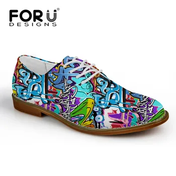 

FORUDESIGNS British Style Oxford Shoes for Men Printing Graffiti Flats Lace-up Round Toe Casual Shoes Men Leather Oxfords Shoes