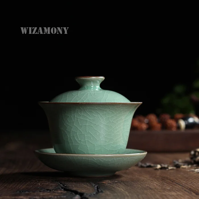 WIZAMONY Китайский Longquan Celadon фарфоровая китайская гайвань чайная чашка чайное блюдце чаша для чая 160 мл Специальное предложение китайский чайник кофейная чашка - Цвет: Ge Kiln Plum Green