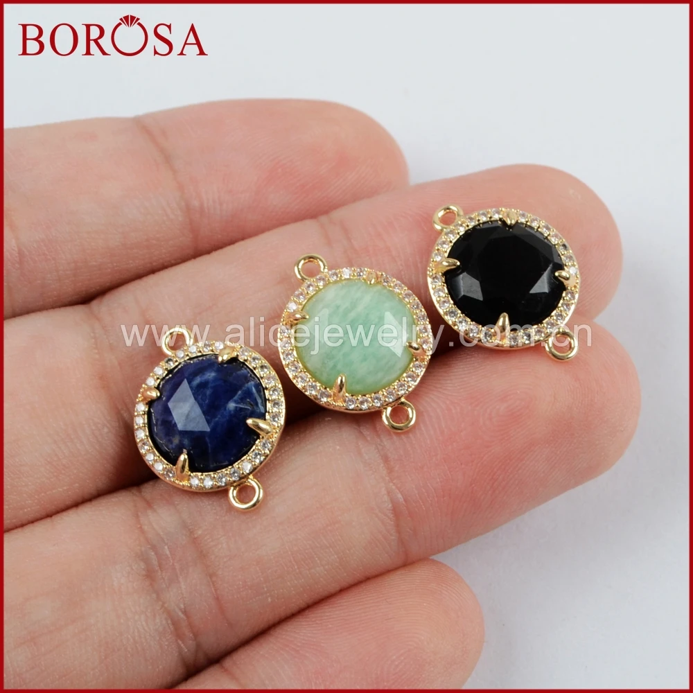 

BOROSA 15PCS Micro Pave CZ Round Gems Tiny Multi-kind Faceted Stones Druzy Amazonite Gold Connectors Double Bails WX972