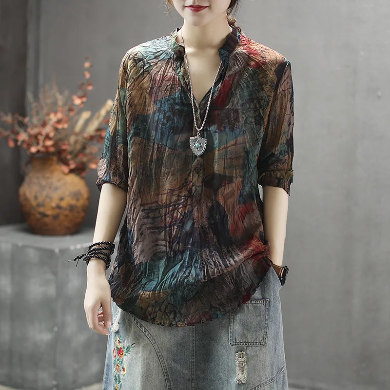 silk blouses Max LuLu Summer Korean Fashion Ladies Linen Tops And Blouses Womens Printed V Neck Chiffon Shirts Casual Vintage Cotton Clothes womens blouses Blouses & Shirts