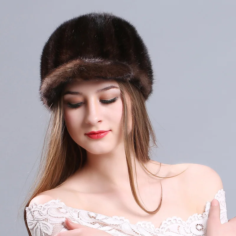 Женские меховые шапки, норковая меховая шапка вязаная, головные уборы для зимы, женские шапочки, модная Русская Шапка для женщин, эластичные вязаные шапки - Цвет: brown