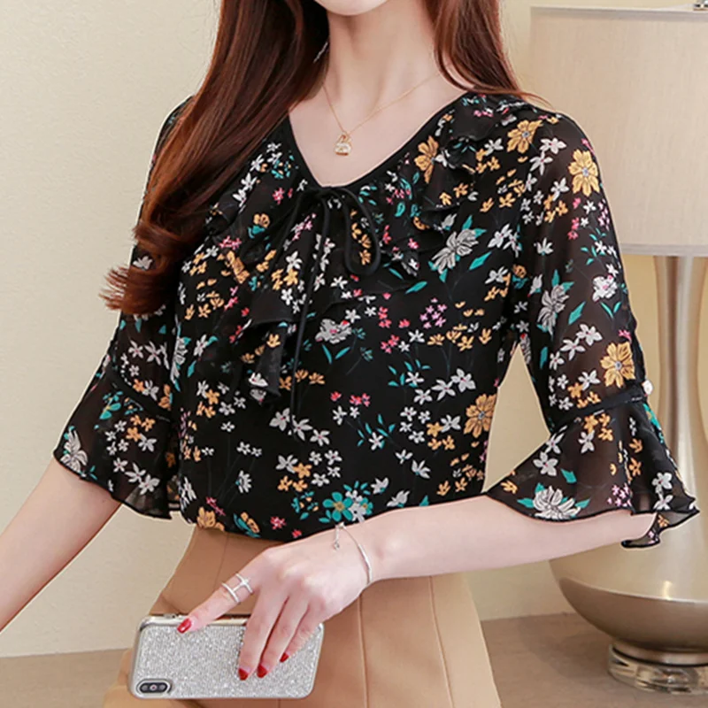 

2019 New Fashion Summer Women Blouse And Top Clothes Chiffon Short Ruffle Sleeve V Neck Female Shirts Office Lady Casual Blusas