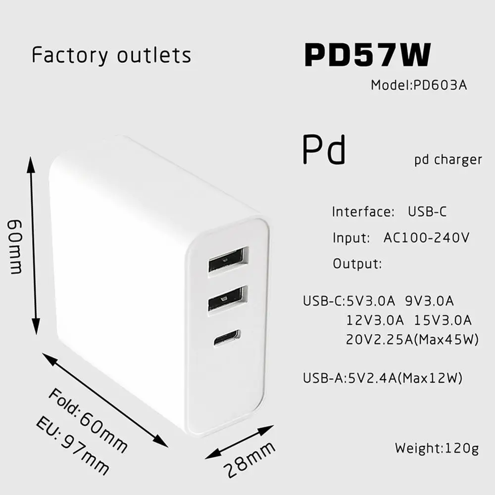 

57W US/EU/UK Quick Charge Fast Charger Adapter Travel Wall Charger For MacBook/iPhone X/8Plus Xiaomi USB-C Portable PD Charger
