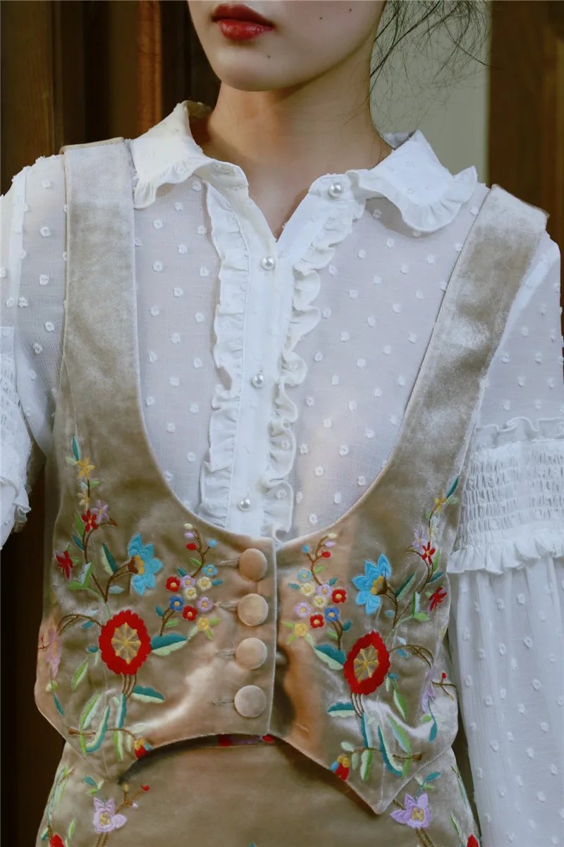 Lynette's chinoiseroy осенний Женский бархатный жилет с цветочной вышивкой, тонкий винтажный верблюжий маленький жилет