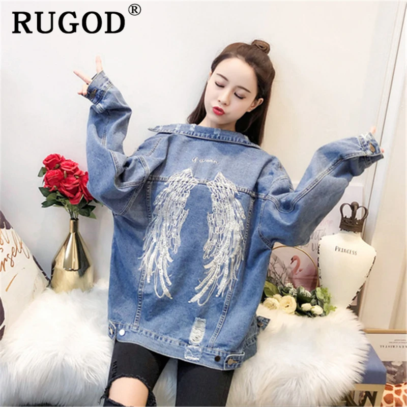 

RUGOD Vintage Ladies Denim Jackets Women 2019 spring auturm Outerwear jeans jacket coats Casual turn-down collar oversized coat