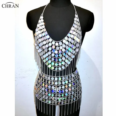 Chran голографический переливающийся блесток Chainmail Bralette средства ухода за кожей жгут цепочки и ожерелья фестиваль бюстгальтер укороченный топ