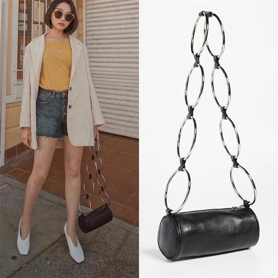 

Fashion Circular Belt Shoulder Bags Litchi Metal Ring PU Leather Handbag Women Messenger Shoulder Bag Woman Round Bag for Women