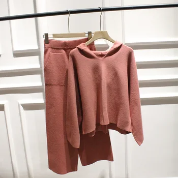 

2018 Hot Sale Special Offer Cotton Full Set Women Winter Knitted Hooded Knit Sweater + Pants 2 Piece Tracksuit Sweat Suits
