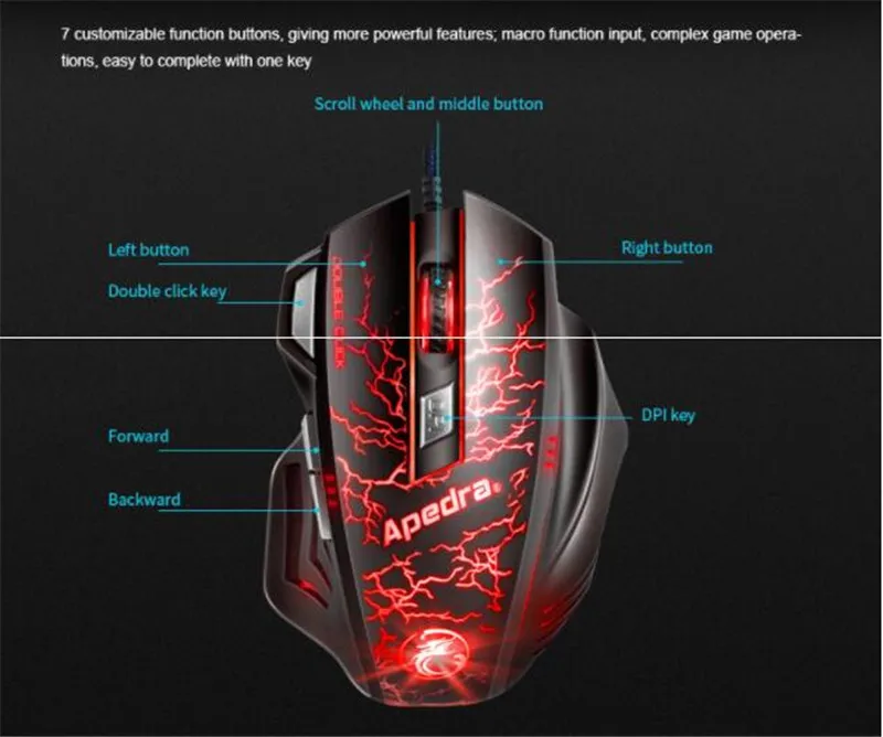 Apedra A7 светодиодный оптический 7 кнопок Проводная игровая мышь USB 3200DPI оптическая