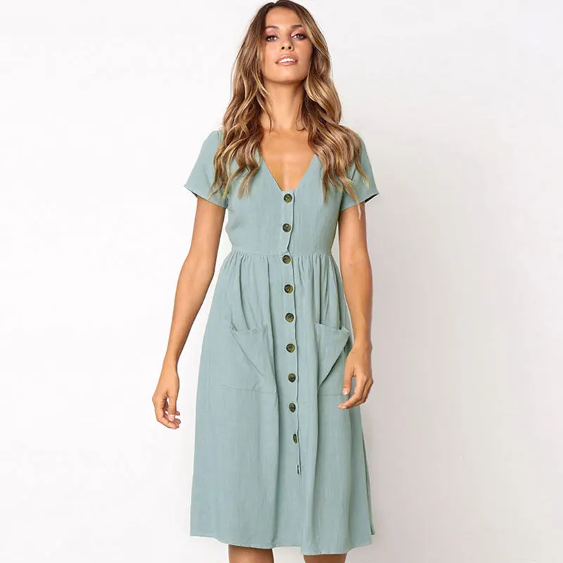 

Solid V-neck Short Sleeves Pockets Dresses Women Casual Button Loose A-line Dress Summer Ladies Fashion Simple Mid-calf Dress