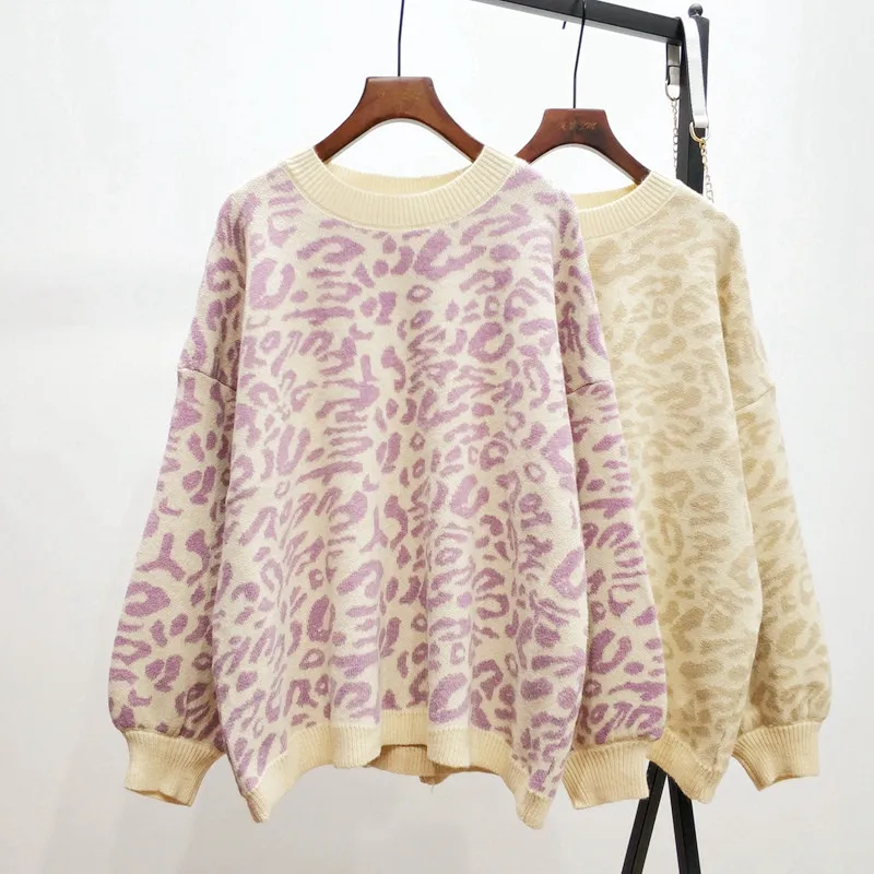 

2019 women leopard sweater autumn and winter lazy wind gentle new Korean version lantern sleeve pullover
