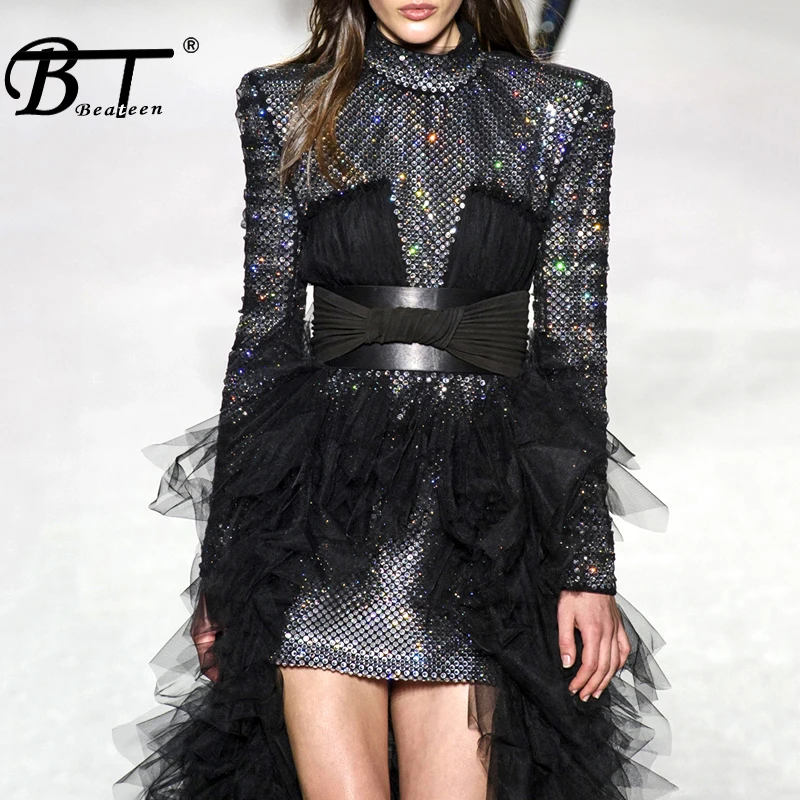 Beateen/милое черное Сетчатое мини-платье с блестками модные вечерние платья с длинными рукавами и поясом