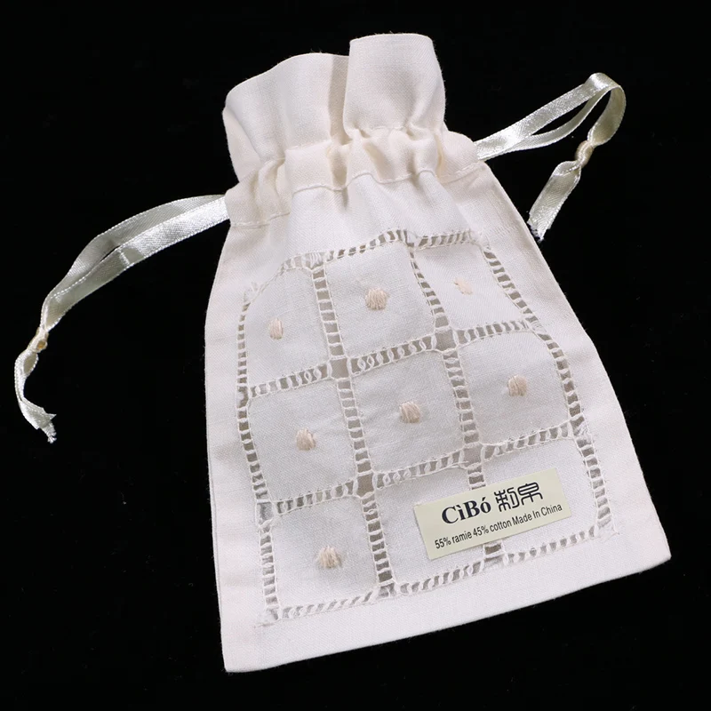 

B008-B : Beige ramie/cotton drawstring hand drawn thread embroidery gift bags 12pieces/pack 5x7 inches sachet bags, travel pouch