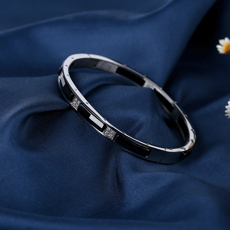 Изысканный женский браслет из черной керамики с серебром из нержавеющей стали, модный браслет с блестящими кристаллами, свадебные подарки