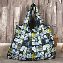 Милая сумка-тоут с котом, Складные Цвета, эко многоразовая полиэфирная переносная сумка на плечо, мультяшная зеленая складная сумка для покупок