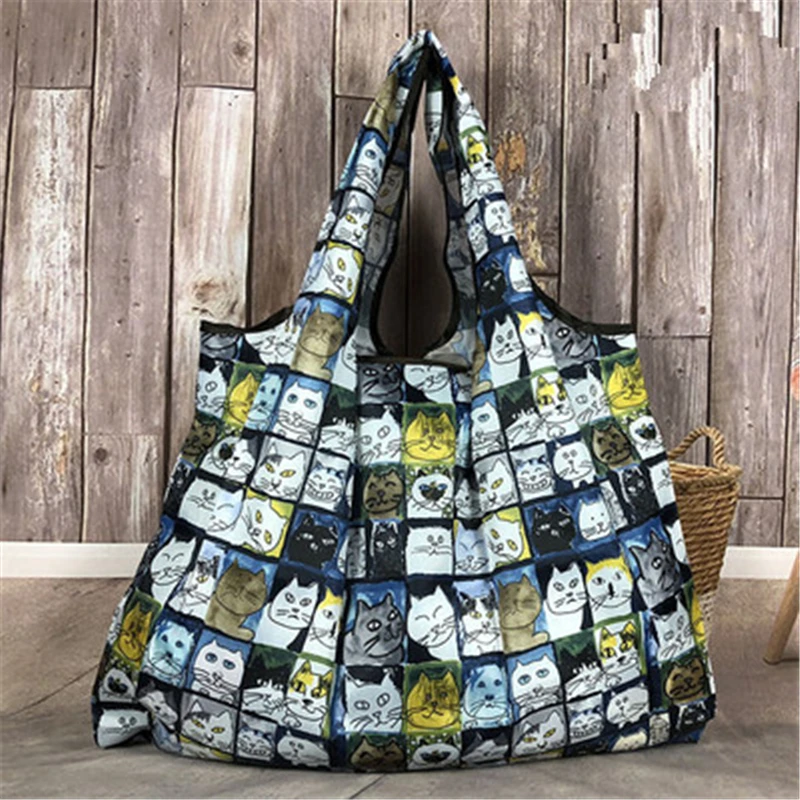 

Cute Cat Tote foldable Colors ECO Reusable Polyester Portable Shoulder Handbag Cartoon green Folding pouch shopping bag