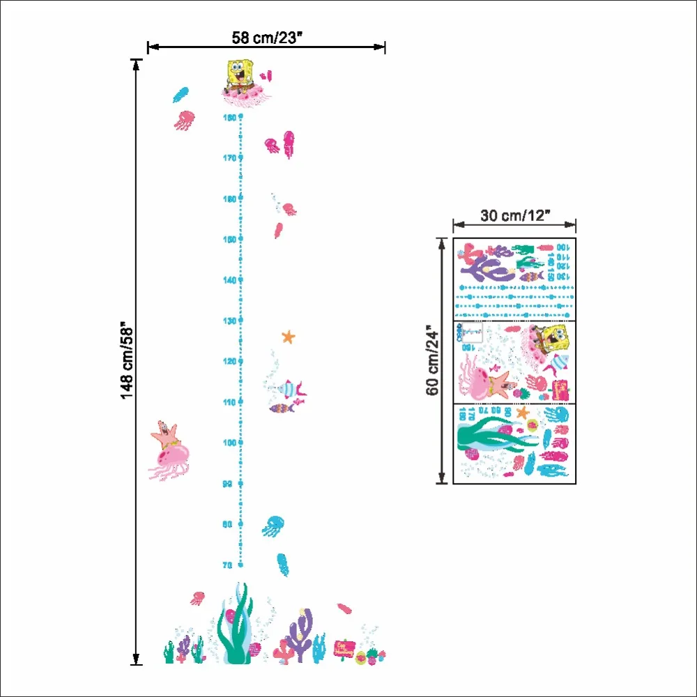 Губка Боб квадрат коралловый Желе Рыбы детская диаграмма роста высоты наклейки на стену Съемный Дети Детские художественные росписи