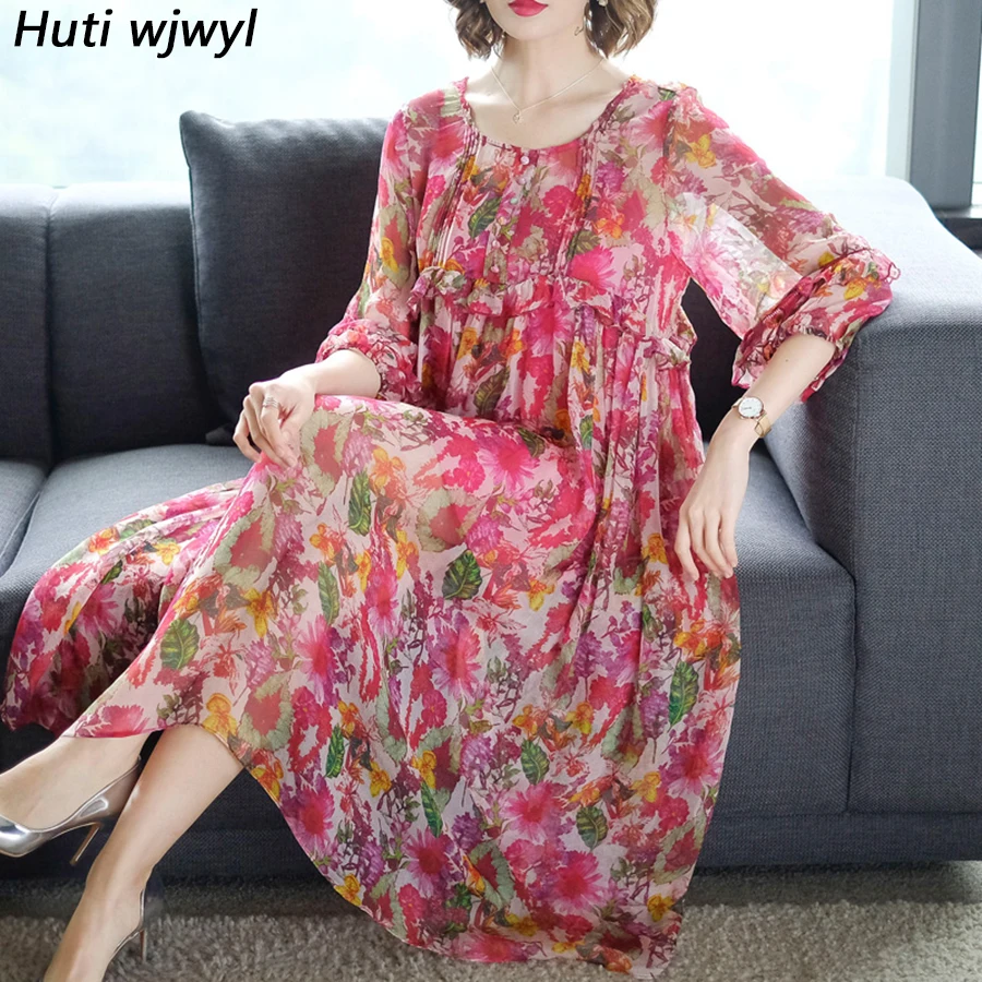 

2019 Korean New Vintage Silk 3XL Plus Size Loose Midi Dresses Summer Print Beach Elegant Maxi Sundress Women Boho Party Vestidos