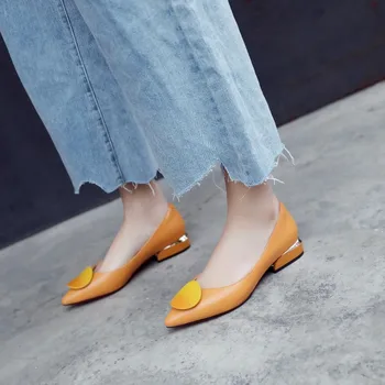 

GPOKHDS 2019 women Pumps soft Cow leather autumn spring Metal decoration Rome style orange color pointed toe high heels pumps