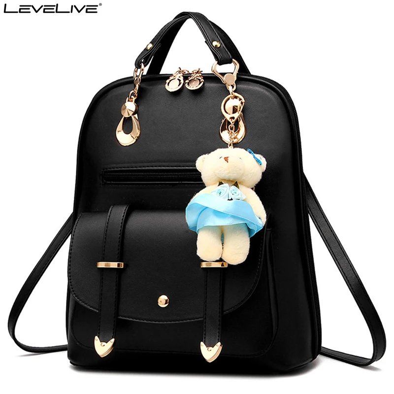 

LeveLive Fashion Women Mini Backpack with Bear Pendant PU Leather School Bags for Teenage Girls Female Rucksack Ladies Bagpack