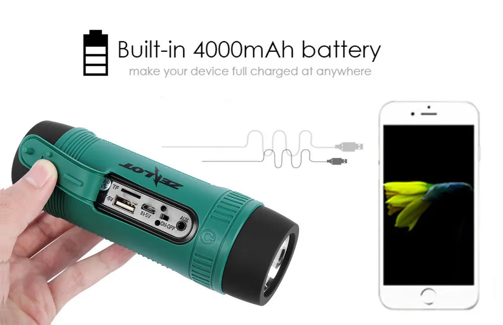 Zealot S1 Portable Rechargeable Bluetooth Power Bank Speaker with LED Light for Outdoor Sport Bicycle Mounting Bracket