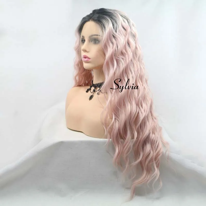 Sylvia Ombre Длинные свободные волнистые парики синтетический светильник розовые парики на кружеве для женщин волосы с черными корнями термостойкие волокна парик