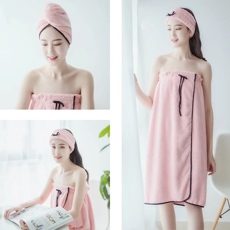 

3pcs/Set Bath Towels Lady Wearable Fast Drying Beach Spa Bathrobes Bath Skirt +Hair Band+Dry Hair Cap Toalhas De Banho