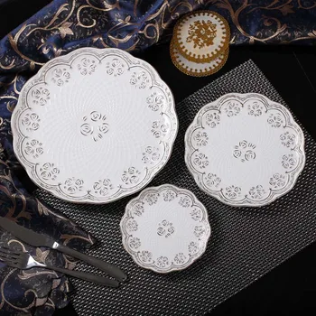 

Modern Style Elegant Bone China Dinner Plates Set (3 pcs) with Engraving Rose Gold Inlay Pattern