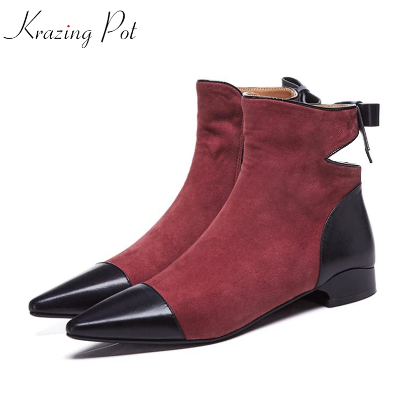 

Krazing Pot pointed toe genuine leather butterfly-knot sheep suede thick low heels European designer western Chelsea boots L11