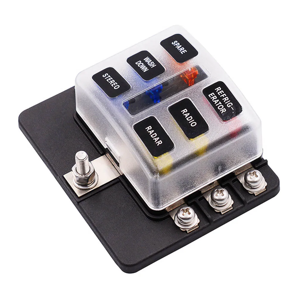 

6-way Fuse Box Blade Fuse Block Holder Screw Nut Terminal 5A 10A 15A 20A Free Fuses LED Indicator Waterpoof Cover for Automotive