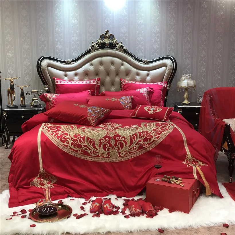 Waliicorners Egyptian Cotton Luxury Embroidery Red Wedding Bedding set Duvet cover Bed Sheets,Silky Ultra soft Queen King size 4/6/9- 6 IMG_8697