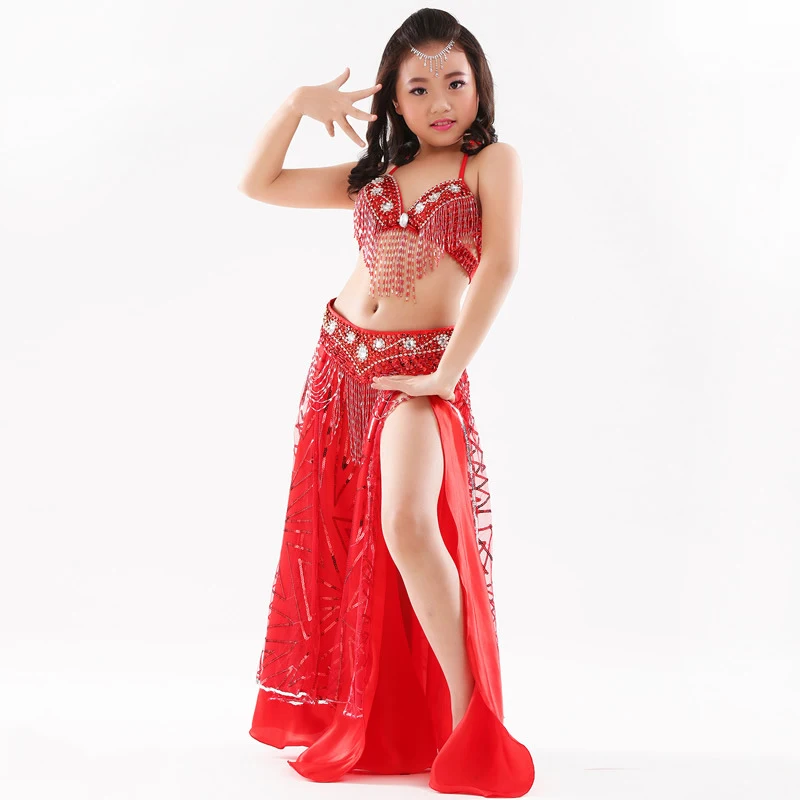 Детские танцевальные костюмы для девочек, профессиональный комплект для танца живота, вышитый бисером бюстгальтер с поясом, юбка с блестками, детский танцевальный костюм для выступлений - Цвет: Red