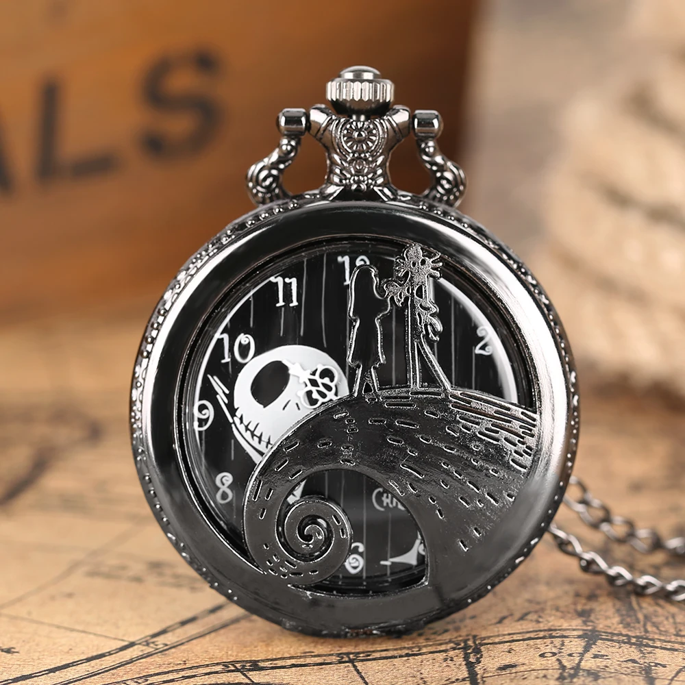 

Antqiue 3 Styles Half Hunter Engarved Quartz Pocket Watch Tim Button The Nightmare Before Christmats Fob Hour Skull Men Women