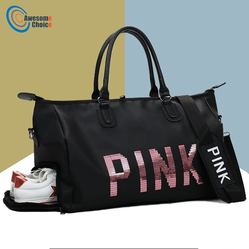 Female Fitness PINK Gym Bag Shoes Ladies Nylon Large Training Shoulder