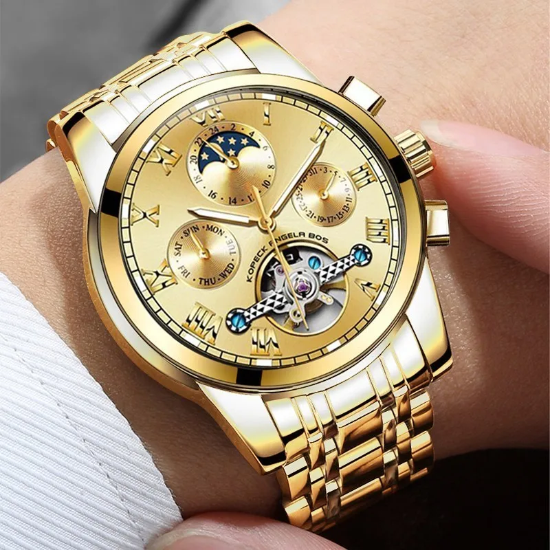 

ANGELA BOS Mens Watches Top Brand Luxury Gold Watch Men Mechanical Automatic Transparent Skeleton Waterproof Moon Phase Watch