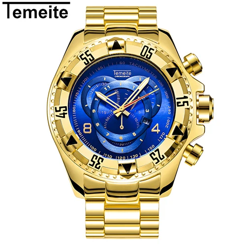 Temeite спортивные часы для мужчин лучший бренд Роскошные Кварцевые наручные часы для мужчин большой циферблат из нержавеющей стали мужские часы Relogio Masculino - Цвет: gold blue
