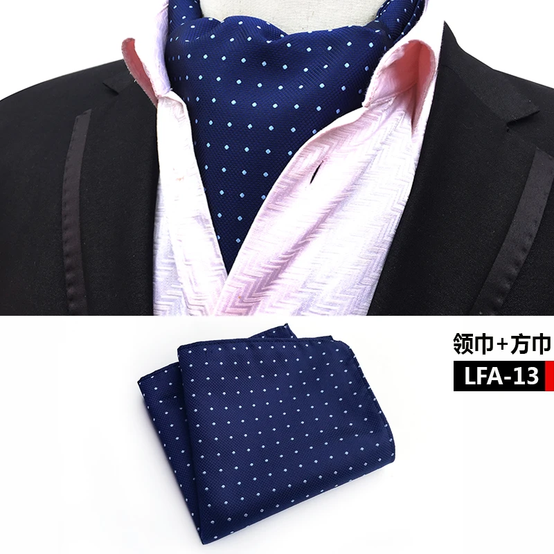 2 Pcs/Set Men Formal Scarf Set Fashion Blue Polka Dots Scarves with Handkerchief to Match Suits men wearing scarves