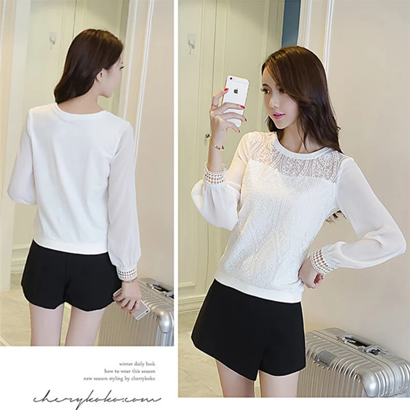 Hollow Out Women Spring Autumn Lace Blouses Shirts Lady Casual O-Neck Lace Blusas Tops DF1716 Blouses