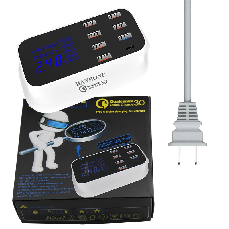 8 порты и разъёмы USB зарядное устройство 40 Вт+ Quick Charge 3,0 Тип светодиодный LED дисплей зарядки для iPhone iPad samsung ipod Xiaomi Bluetoot адаптер переменного тока