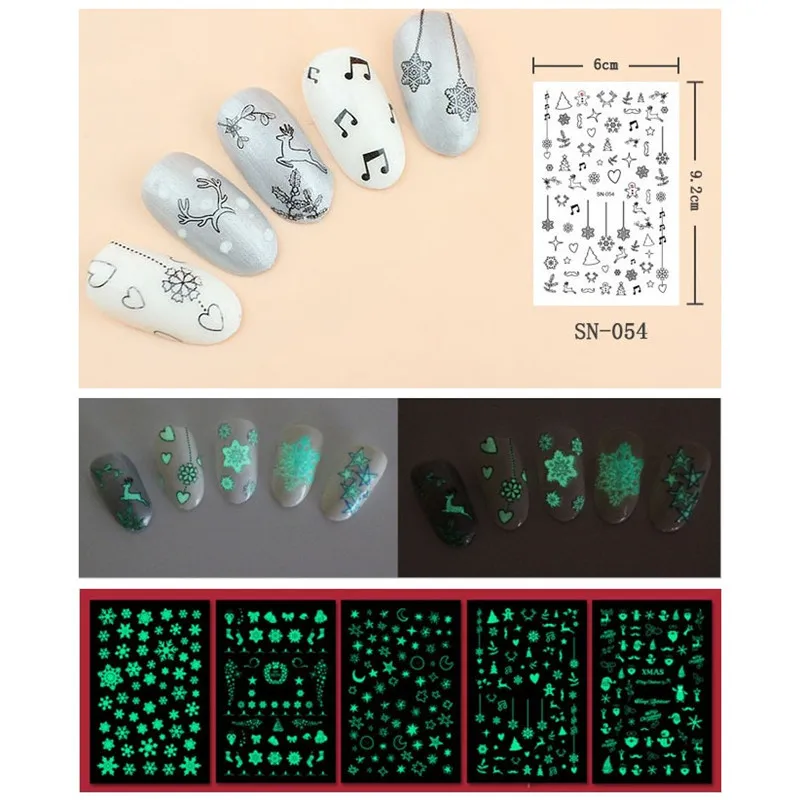 SN светящиеся серии, новинка, наклейки для нейл-арта, Типсы, украшения ногтей, обертывания, Harajuku, веселое Рождество, музыка, маникюрные наклейки