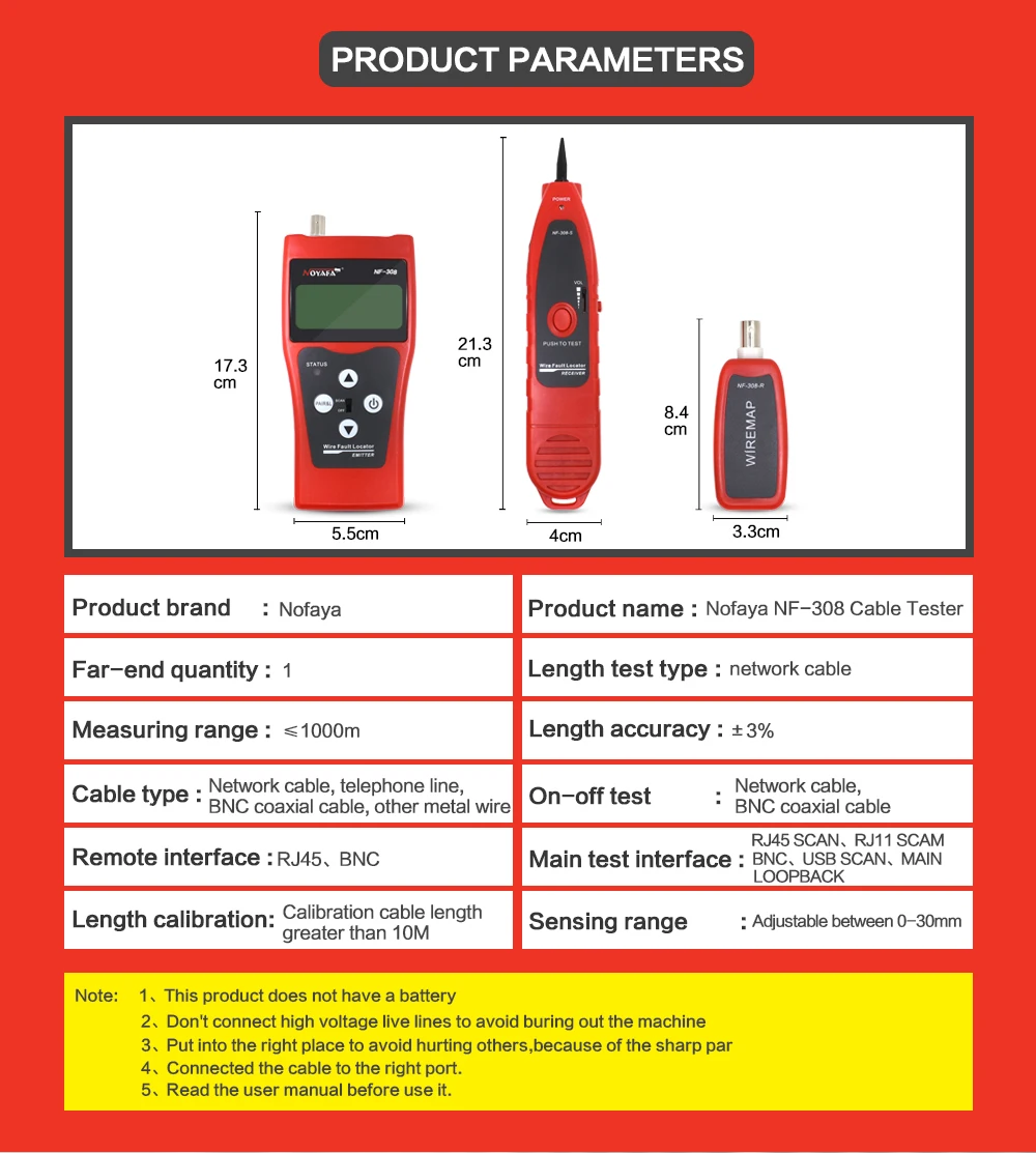 Оригинальный Noyafa красный NF-308 RJ45 UTP Cat5 Cat6 Диагностика тон Tool Kit линии Finder телефонный провод трекер локальной сети кабельного тестера