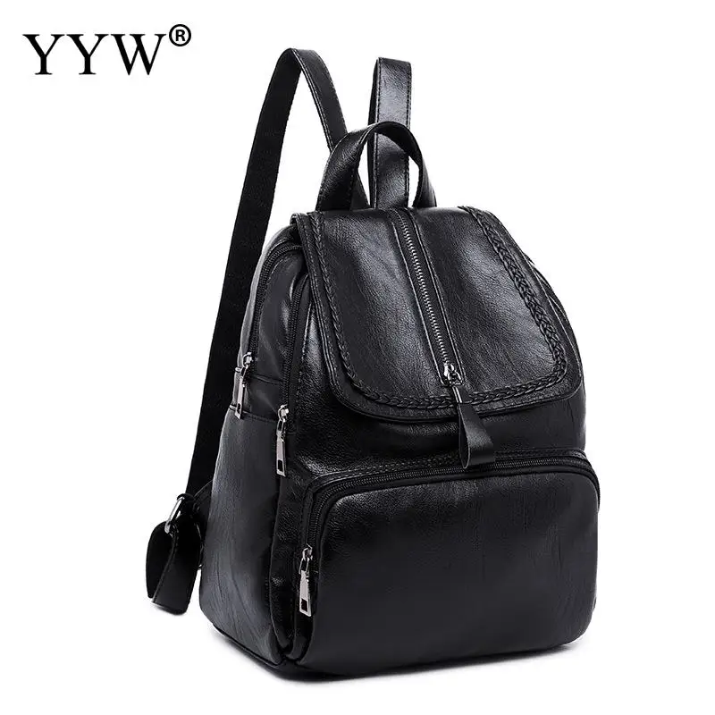 

2018 Black PU Leather Women Backpack Fashion Solid School Bags For Teenager Girls Large Capacity Casual Women Black Backpacks