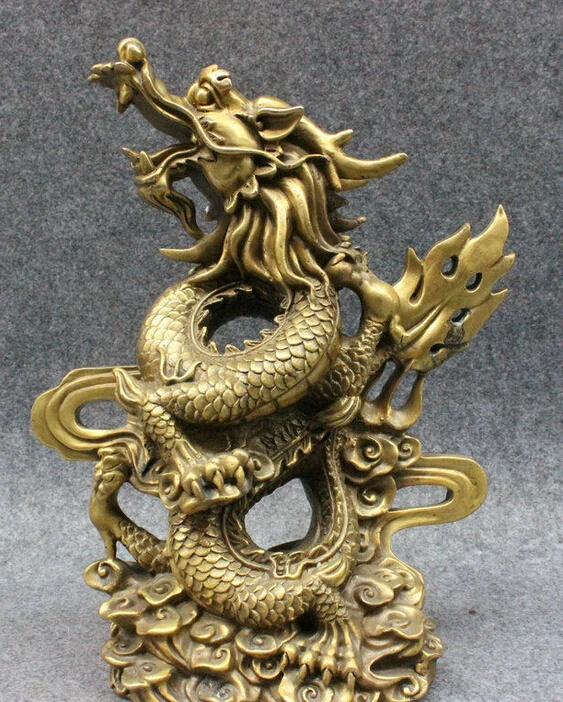 

12" Folk Chinese Brass Decoration Year Zodiac Mascot Cloud Fly Dragon Statue