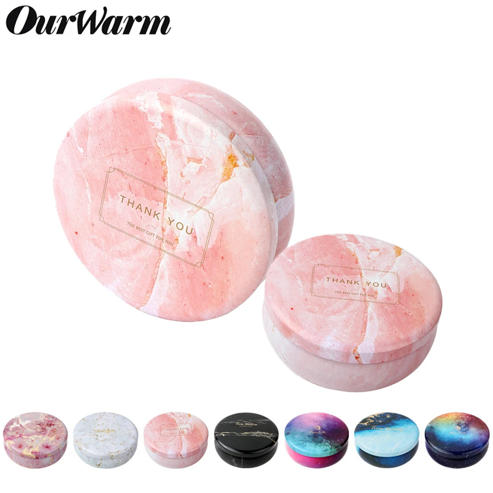 

OurWarm Colorful Marbling Iron Candy Gift Box Round Cookie Storage Tin Box Wedding Favor Gift For Guest Wedding Party Decoration